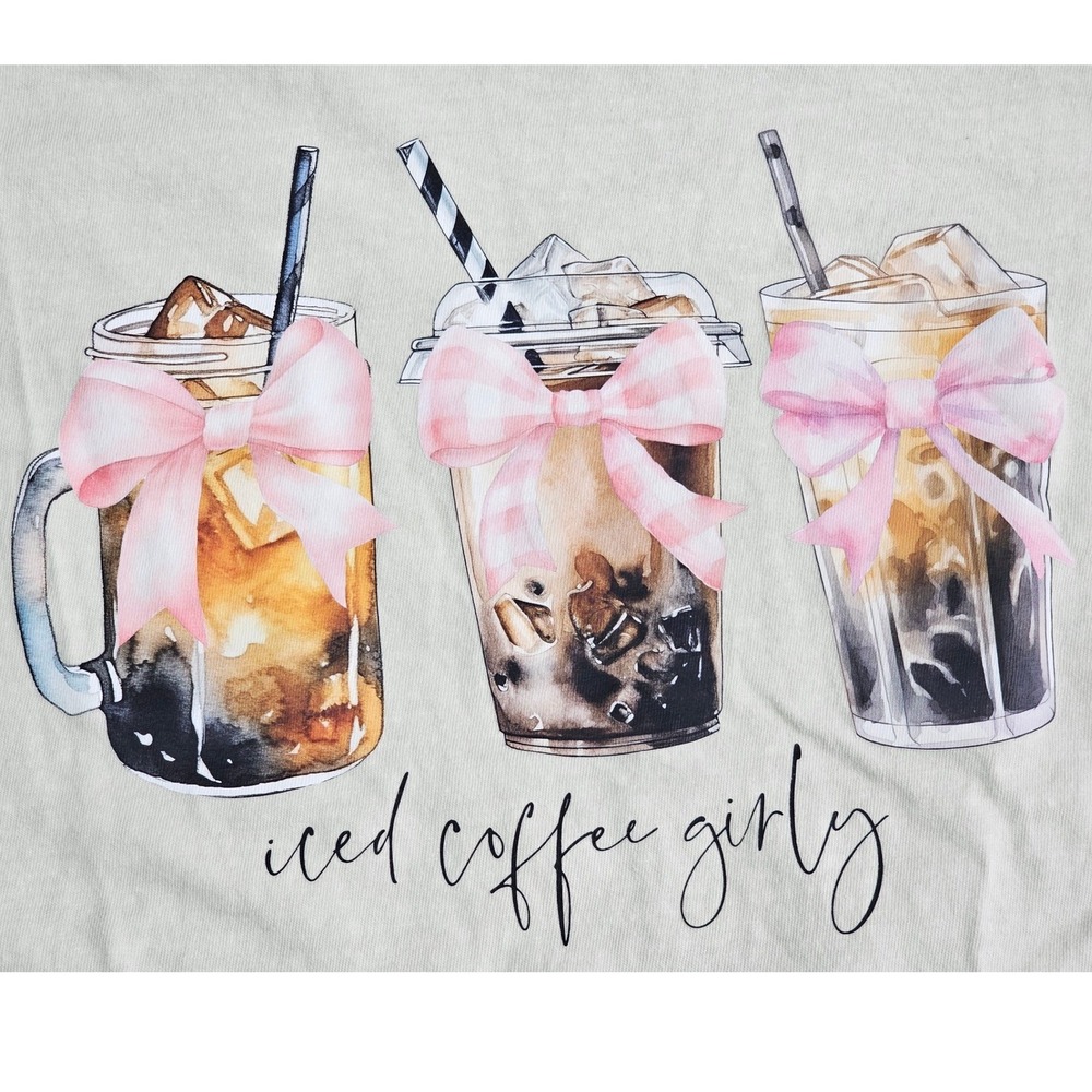 Comfort Colors Iced Coffee Girly Graphic T-Shirt Ivory Pink Bows Medium
